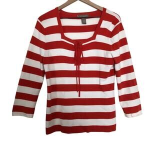 Kenar Red and White Striped Square Neck 3/4 Sleeve Corset Tie Knot Sweater Top